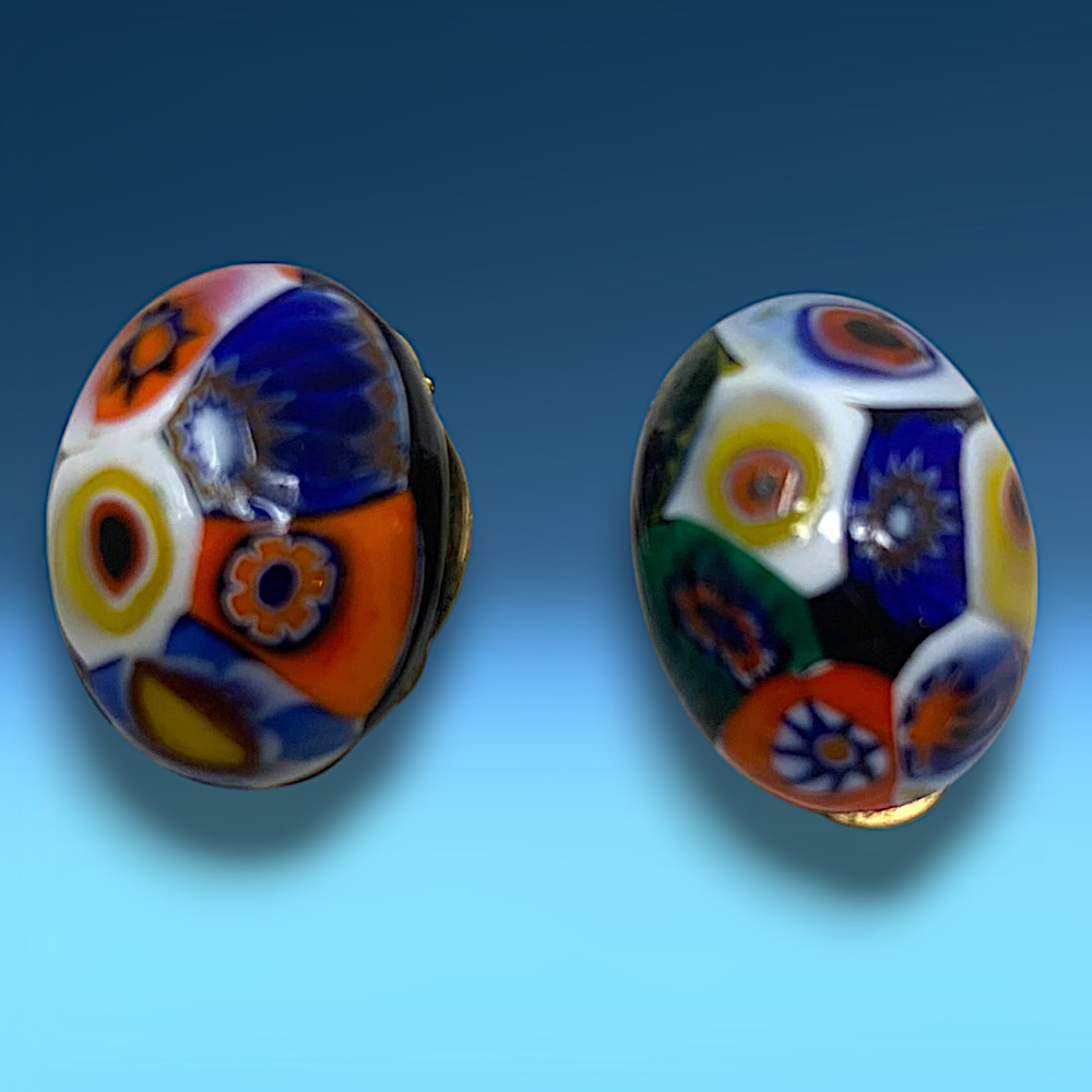 Vintage 1980s Millefiori Italian Glass Oval Clip On Earrings Murano Style Carded